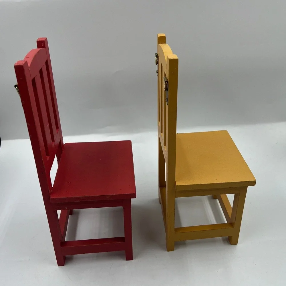 Vintage Red Mustard Wooden Chair Wall Shelves Set Folk Art Nursery Decor 10in